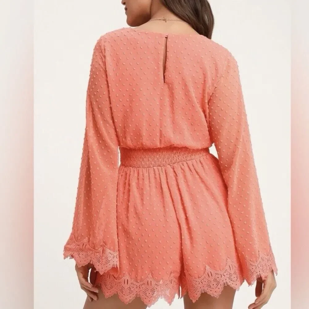 NWT Lulus Meadowlake Coral Orange Swiss Dot Lace Bell‎ Sleeve Romper Size SMALL